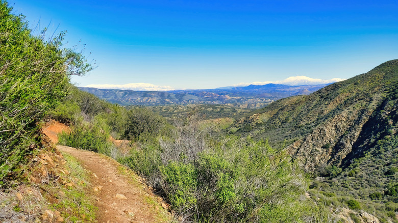 a rocky hiking trail with mountain views in Cleveland National Forest in Southern California