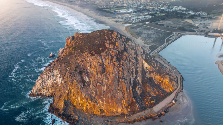 Aerial view of Morro Rock at California's Morro Bay State Park