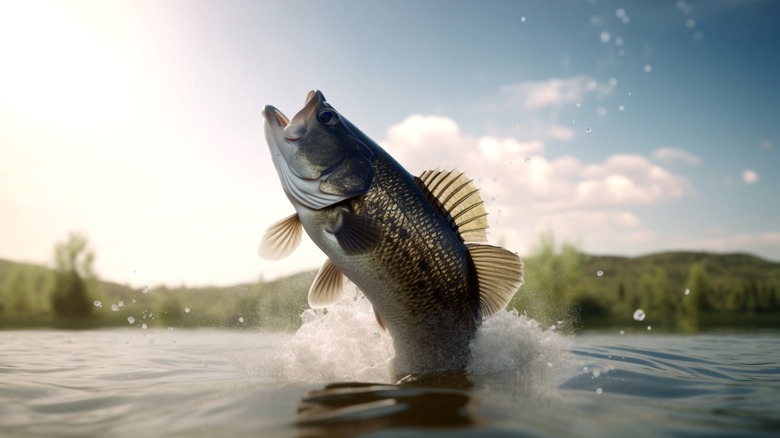 A largemouth bass jumping out of the water