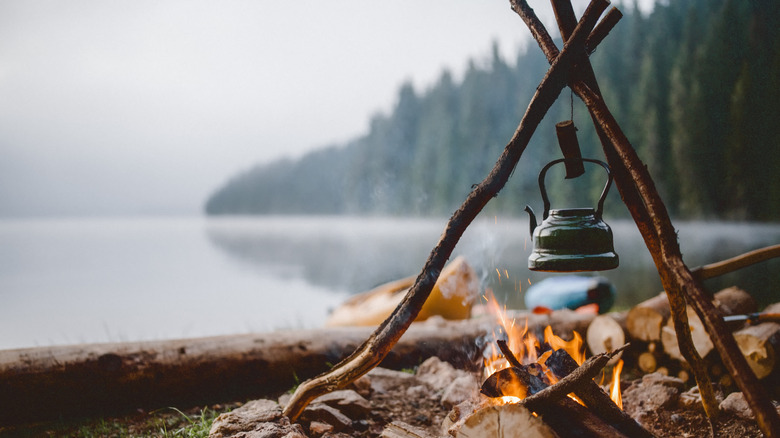 kettle hanging over campfire near lake
