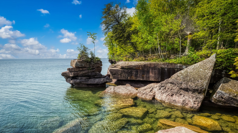 The rocky, tree-covered shore of Lake Superior with clean water