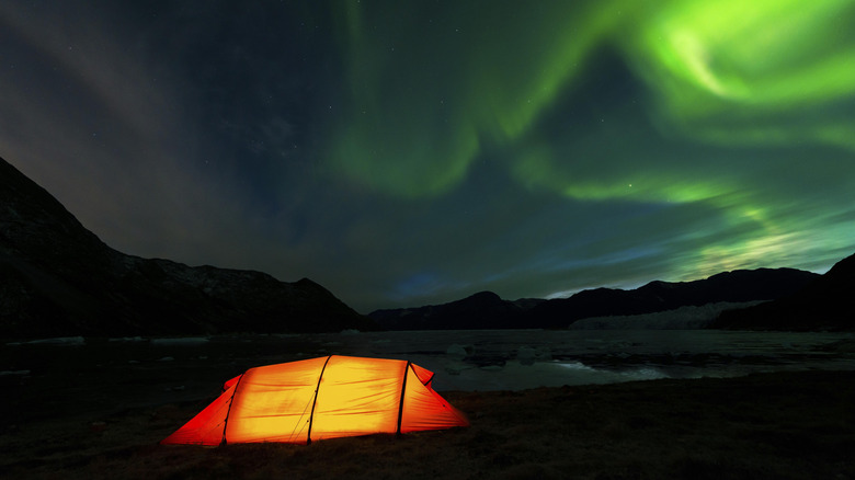 An illuminated tent stands in the Greenland outback as the Northern Lights swirl above
