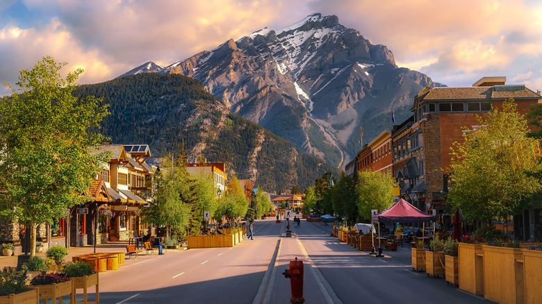 the center of Banff with the Rocky Mountains in the background in Alberta, Canada