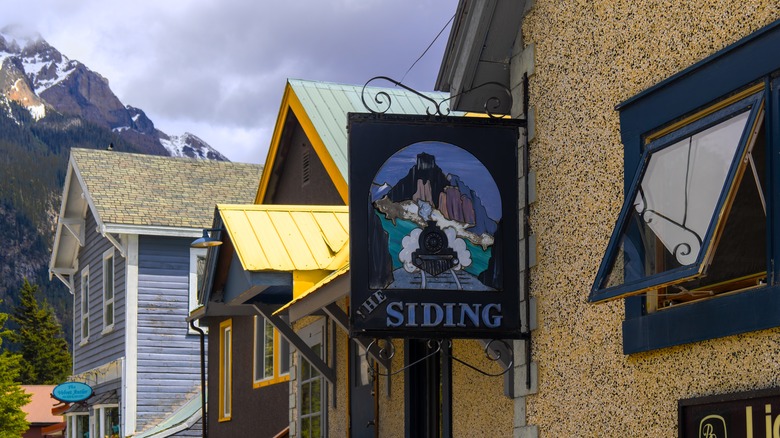 buildings in the center of Field with Mount Stephen in the background in Yoho National Park, British Columbia, Canada