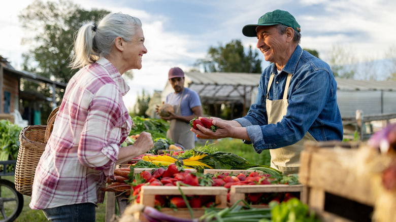 Happy Latin American farmer selling organic strawberries to a client at a Farmer's Market