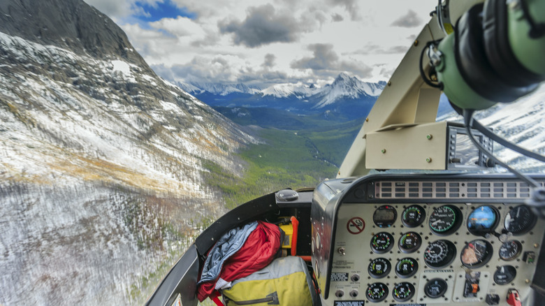 Aerial view of Mount Assiniboine from the seat of a helicopter