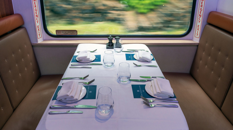 A dining car awaits patrons on the Rocky Mountaineer train