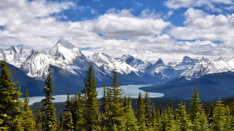 Panoramic snowcapped mountain view with lake