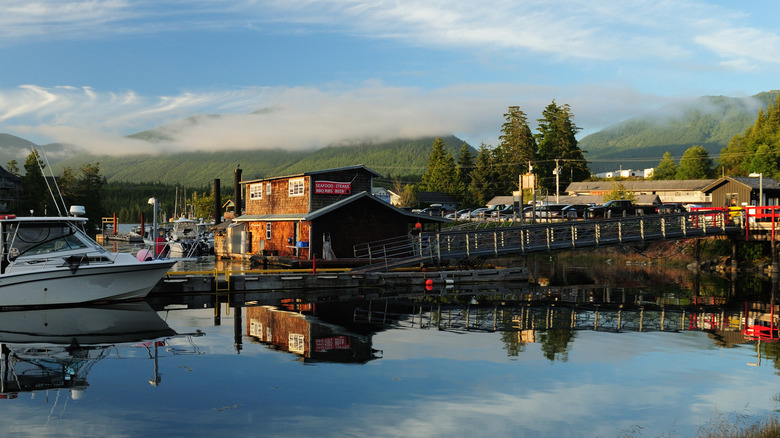 Ucluelet harbor with buildings and boats