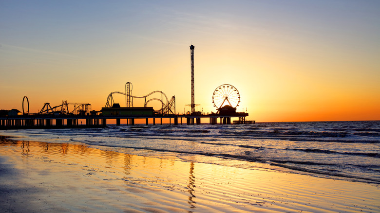 Galveston Island pier at sunset from afar