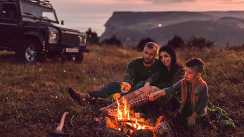 A family roasts marshmallows over a campfire at sunset