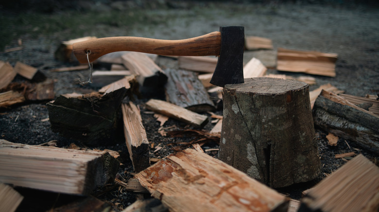 A hatchet is stuck into a stump and surrounded by split logs