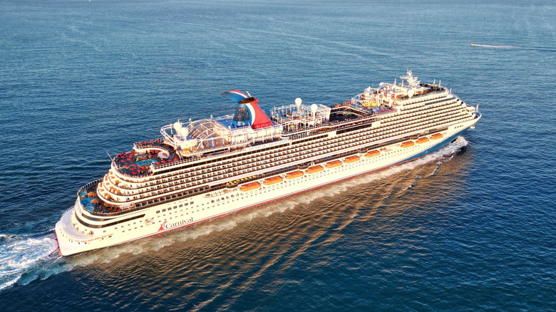 Aerial view of Carnival Horizon cruise ship on water