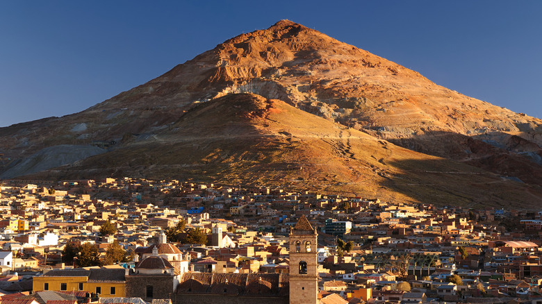 Cityscape of Potosi with the red mountain Cerro Rico in the background