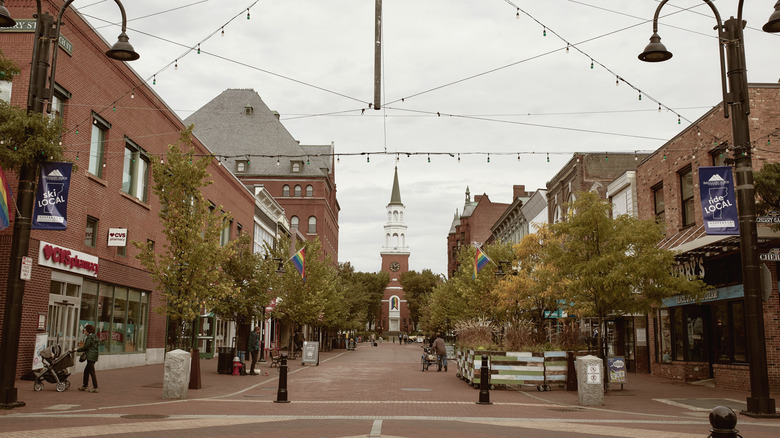 Pedestrians mill around Church Street in Burlington, Vermont