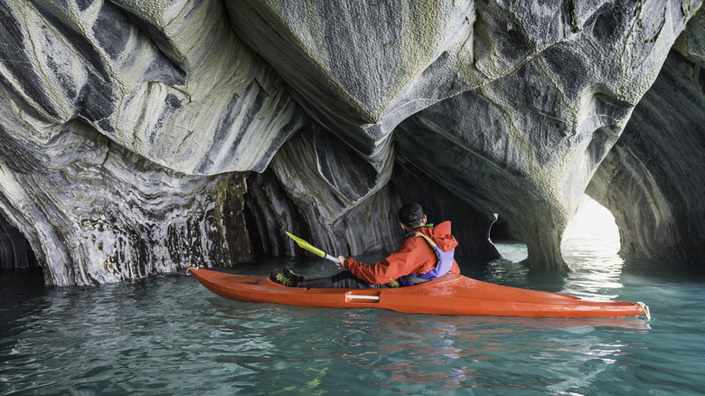 Kayaker in Chile's marble caves
