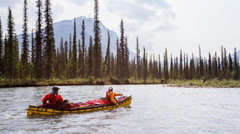 Two people canoeing on a river