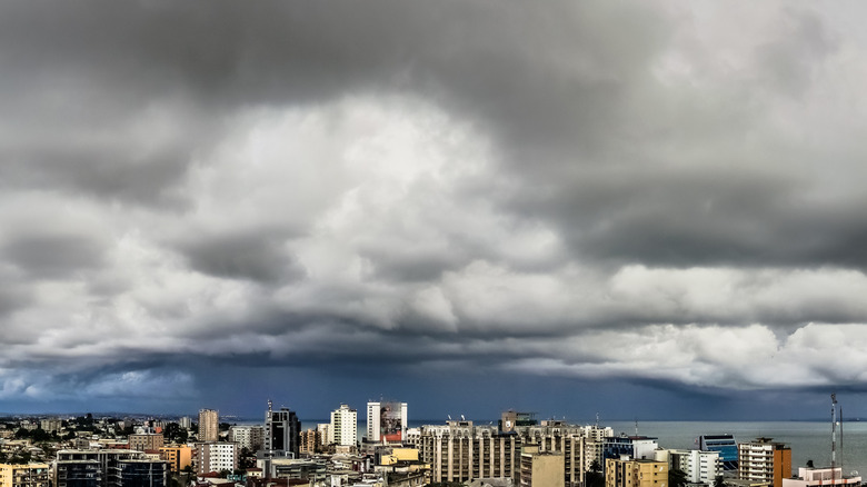 Heavy rain clouds gather over the city of Libreville in Gabon.