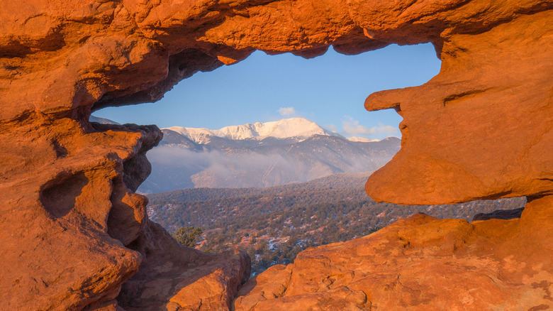 Beautiful Garden of the Gods with Pikes Peaks in Colorado Springs, Colorado at Sunrise