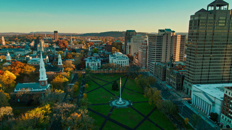An aerial view of downtown New Haven, Connecticut in late afternoon