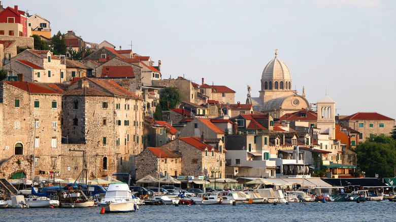 terracotta-roofed houses by a port with boats on sea