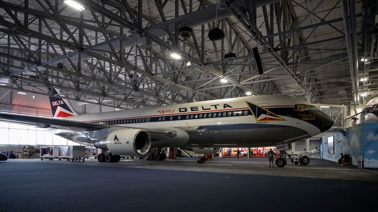 The Spirit of Delta, Delta's first Boeing 767-200, in a hangar at Delta Flight Museum