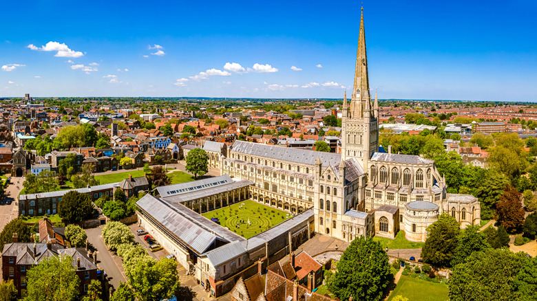 Aerial view of Norwich Cathedral in the city of Norwich, Norfolk, UK