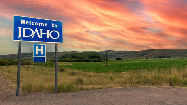 a Welcome to Idaho signpost with green fields, distant mountains and an orange and pink sky