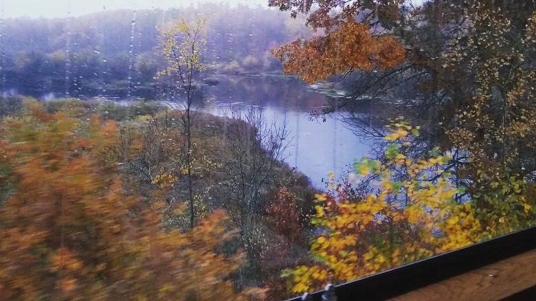 River and fall foliage view from train window