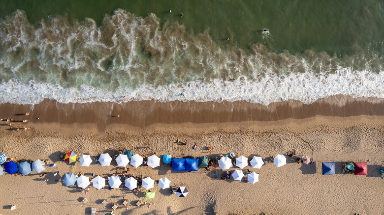 Top-down shot of a beach with umbrellas