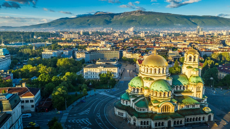 Aerial view by drone, of the Alexander Nevsky Russian Orthodox Cathedral, Sofia, Bulgaria