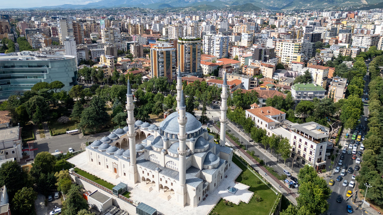 Aerial shot of Namazgah Mosque in Tirana, Albania
