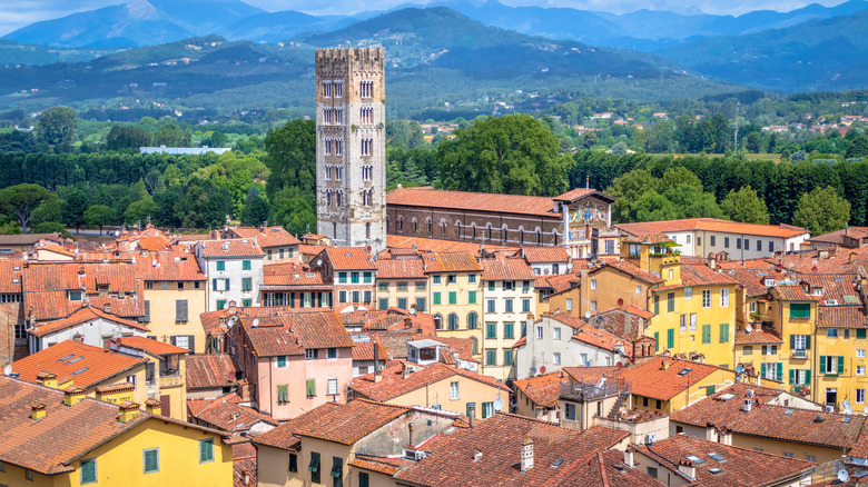 Yellow and orange buildings, church tower, green hills