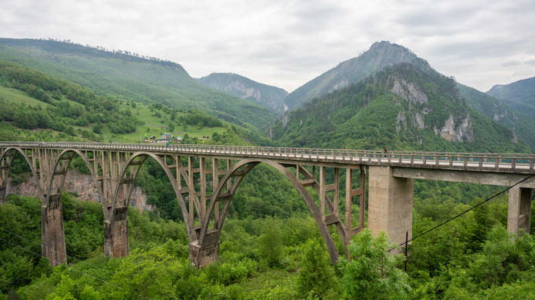 A high railway bridge over the Tara River canyon in Montenegro.