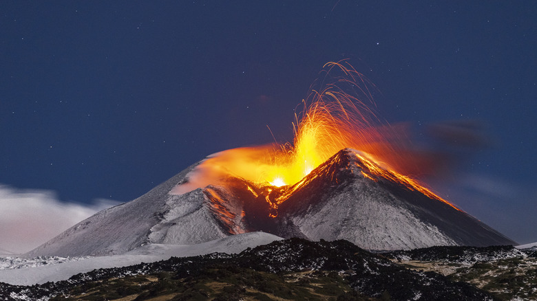 Eruption of a snowy Mount Etna