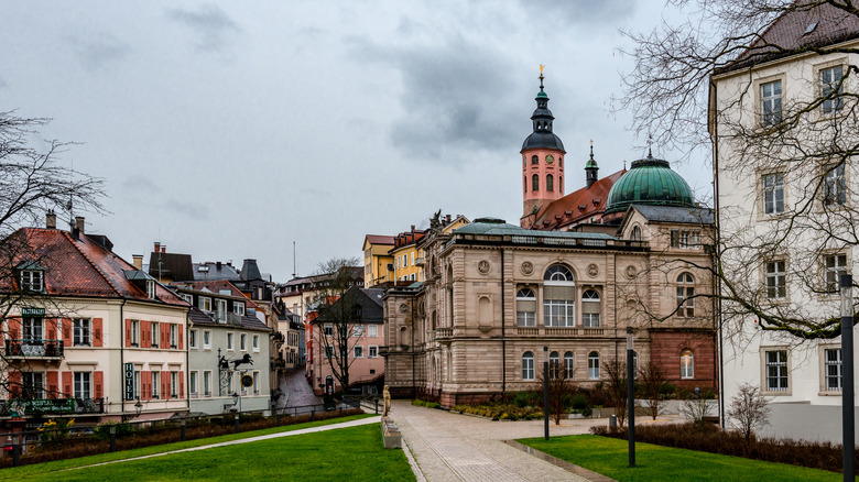 Street view to Friedrichsbad Spa and the Roman Baths ruins