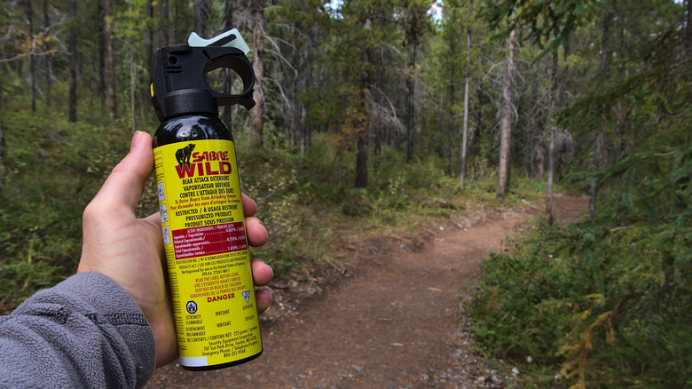 A man holds a can of bear spray in the woods
