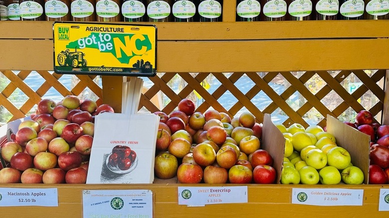 Multiple types of apples displayed on a produce stand shelf