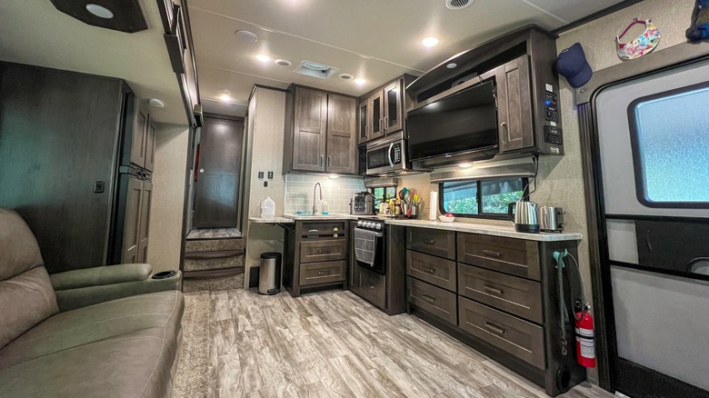 interior kitchen of a fifth wheel luxury