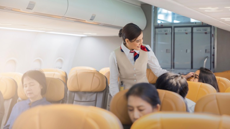 Flight attendant speaking to airplane passenger