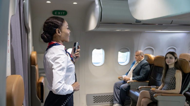 flight attendant speaking to passengers