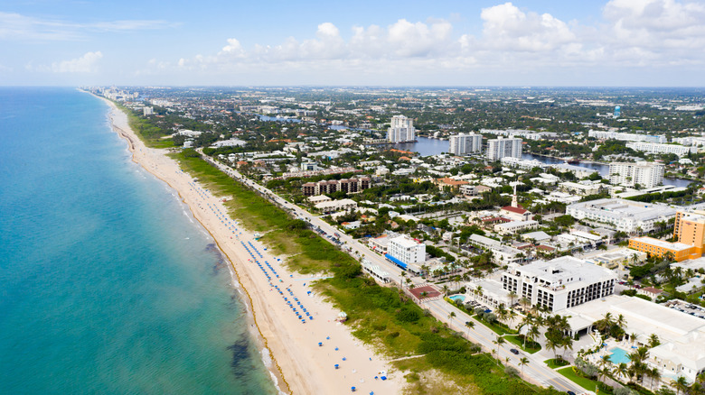 Aerial shot of Delray Beach, Florida, with turquoise ocean