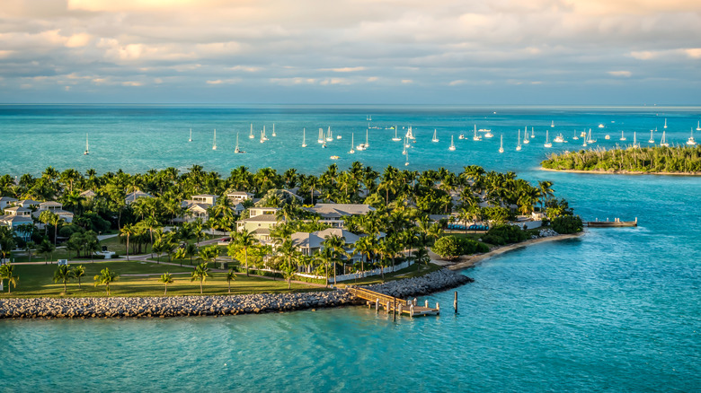 an aerial view an island with sailboats moored nearby