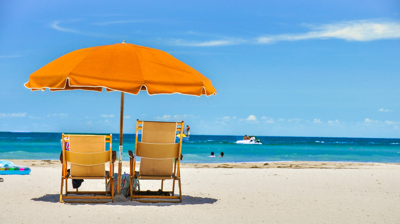 Umbrellas and beach chairs on a sunny day in St. Pete, Florida