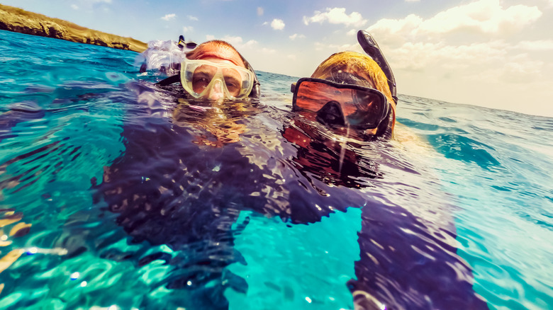 Two people wearing snorkel gear partially underwater