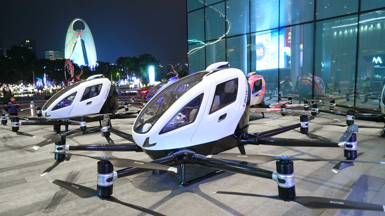 A fleet of drone taxi prototypes on display in Guangzhou, China