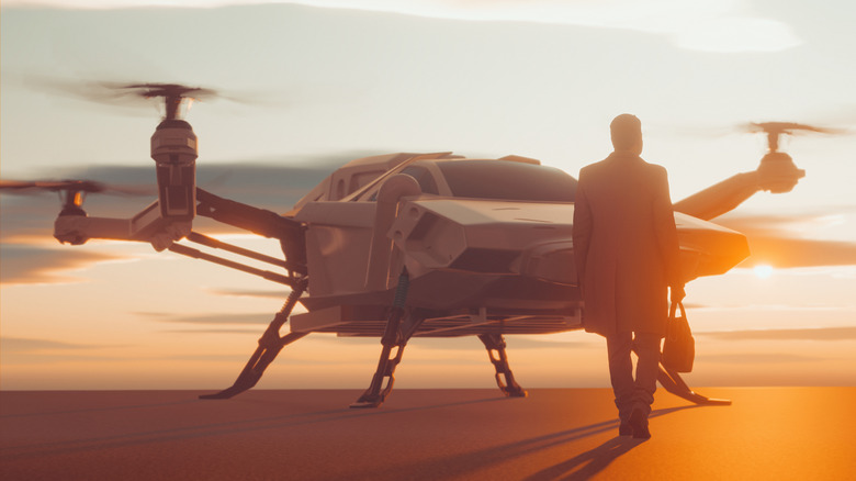 A creative illustration of a suited man approaching a drone taxi
