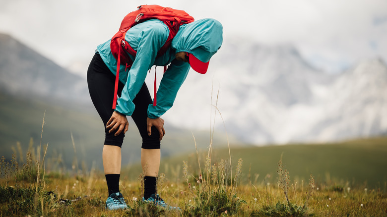 A hiker takes a breather in a mountainous meadow.