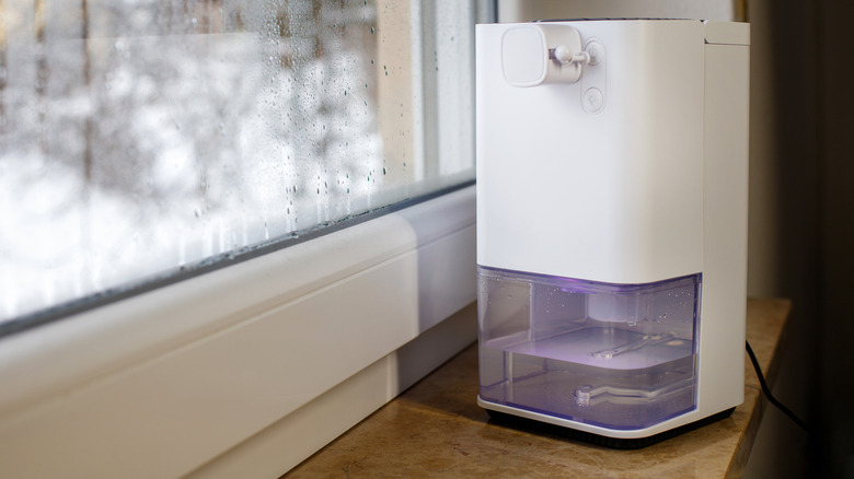 A dehumidifier on a ledge next to a window with condensation