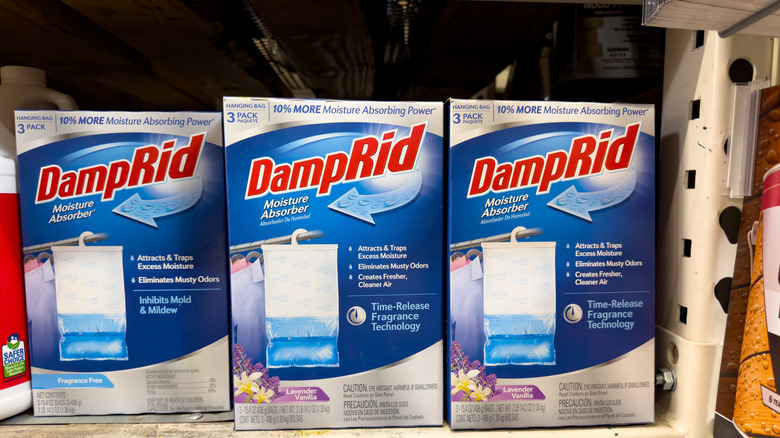 DampRid packs displayed on a shelf at the grocery store